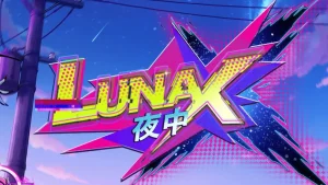 Tampilan visual neon dan karakter anime dalam slot Luna X