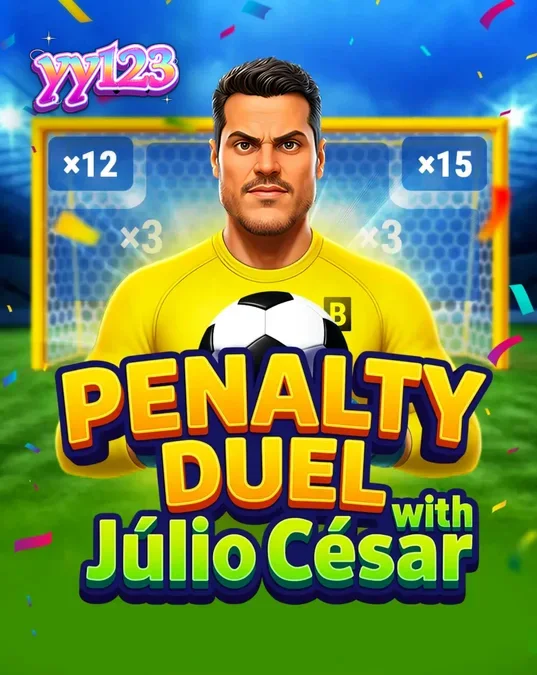 Tampilan antarmuka permainan Penalty Duel dengan Júlio César di lapangan sepak bola